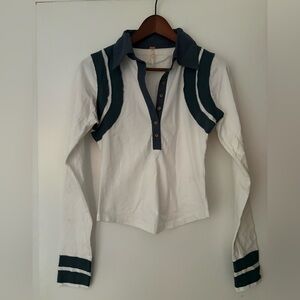 Free People White Button-Down Long Sleeve Polo with Dark Teal Accents